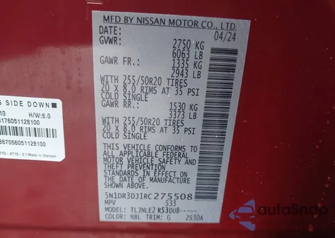 2024 Nissan Pathfinder Platinum 4Wd from USA, damaged, VIN 5N1DR3DJ1RC275508